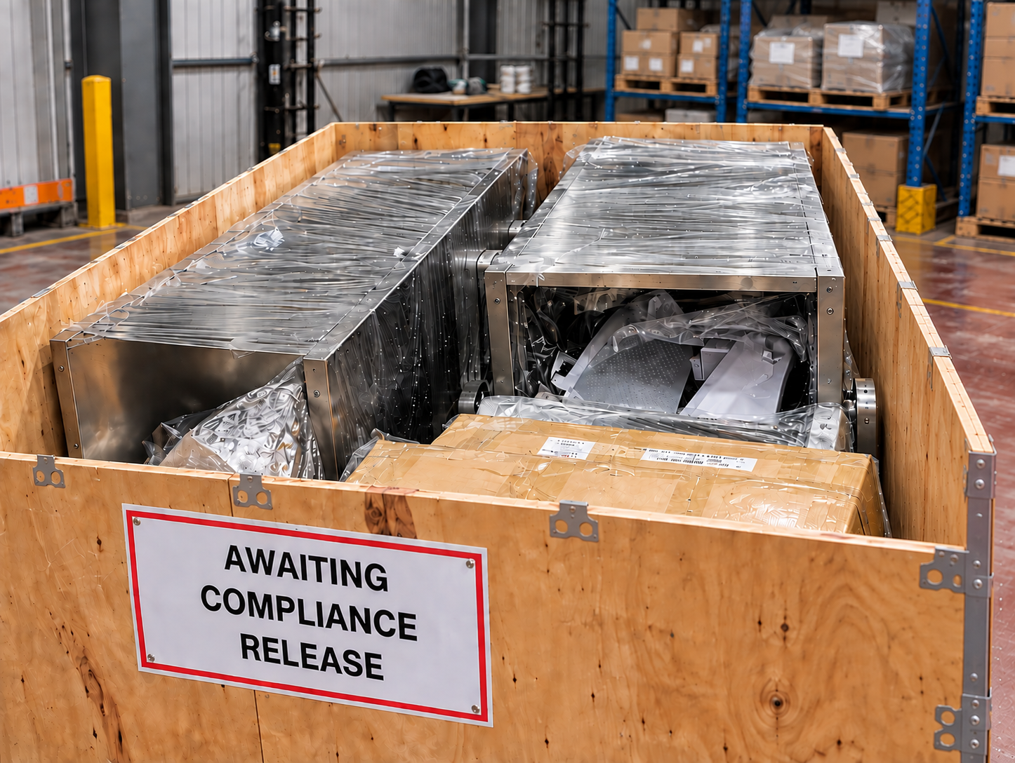 Open machinery crate marked awaiting compliance release